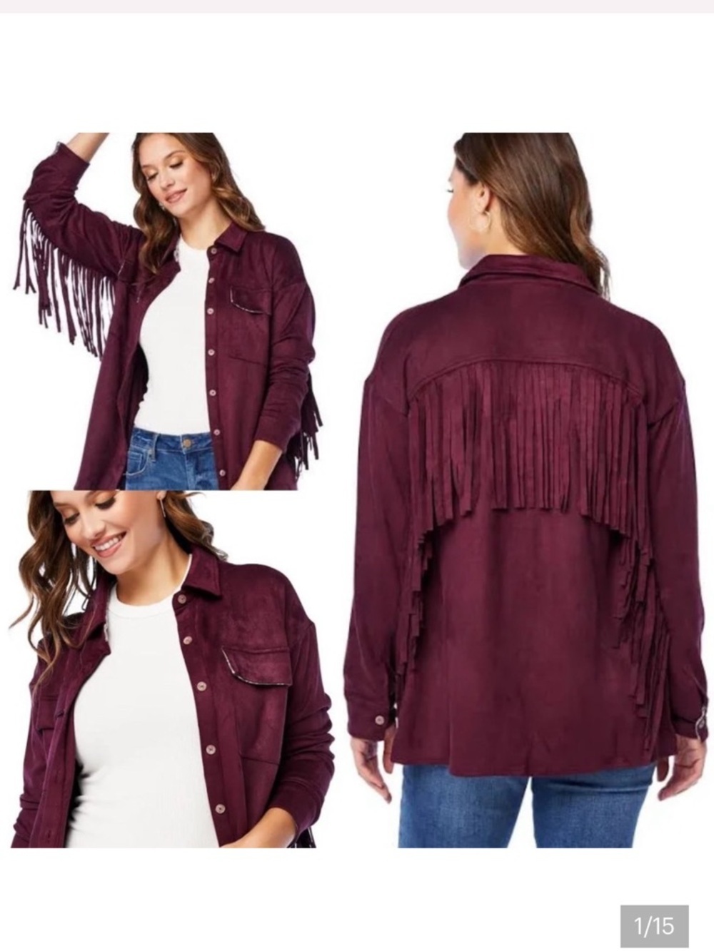 Hem and Thread Womens Faux Suede Fringe Jacket in Wine Small NWOT, 19” PTP, 26”L